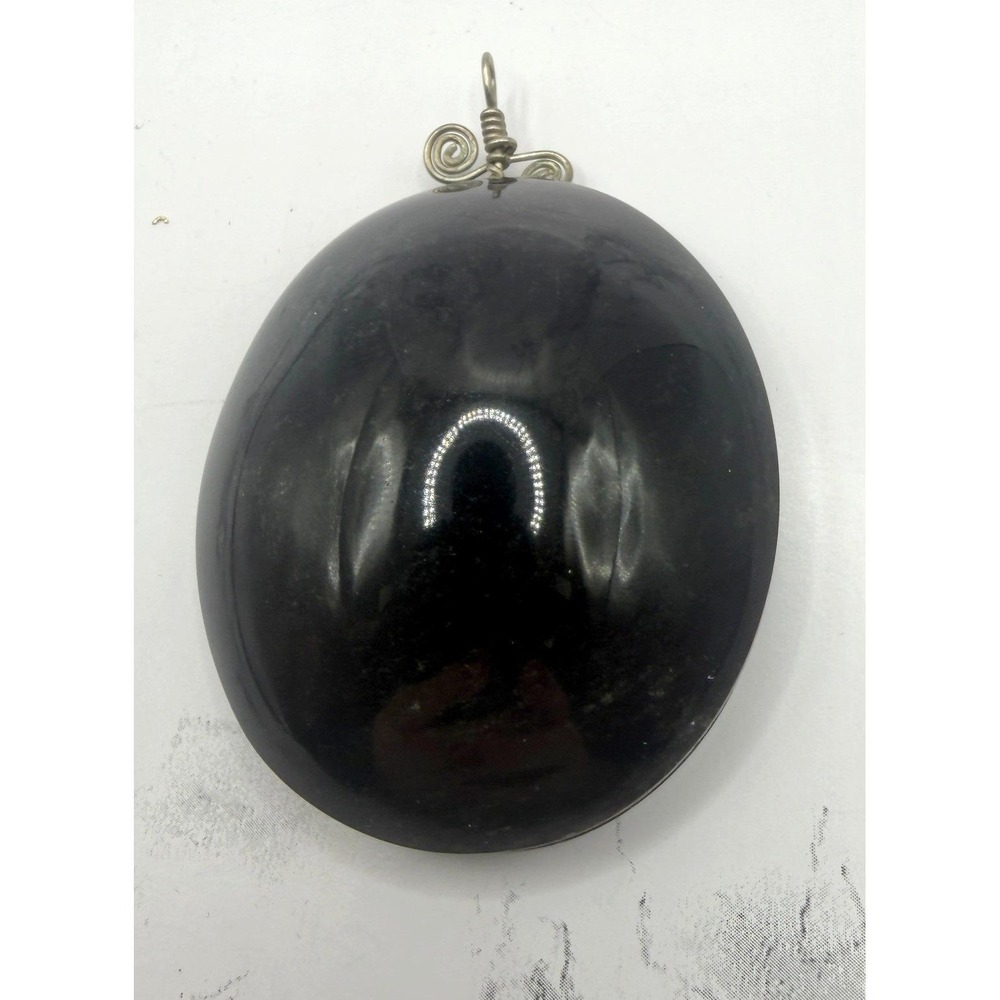 Black Stone Oval Pendant Wire Wrapped Scroll Bail Tested Stone Unisex